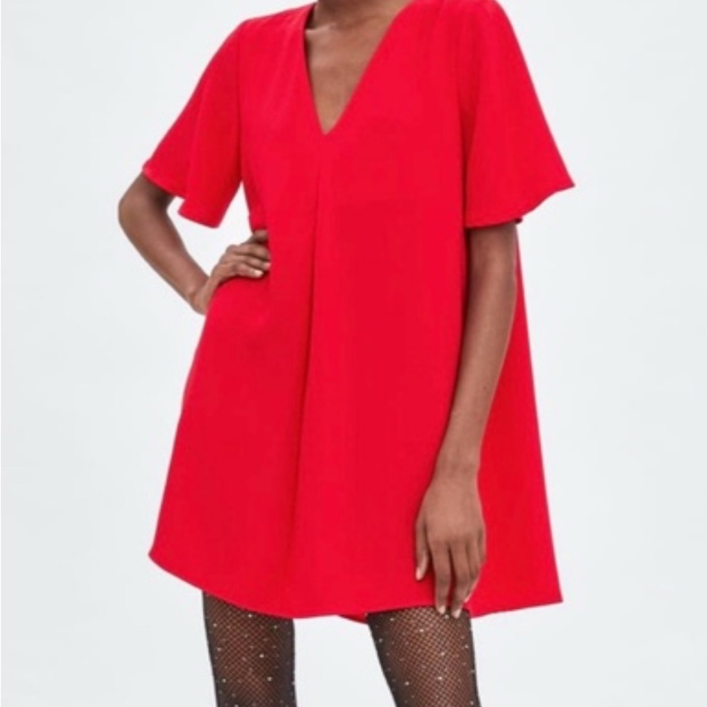 Zara Red V-Neck Shift Dress